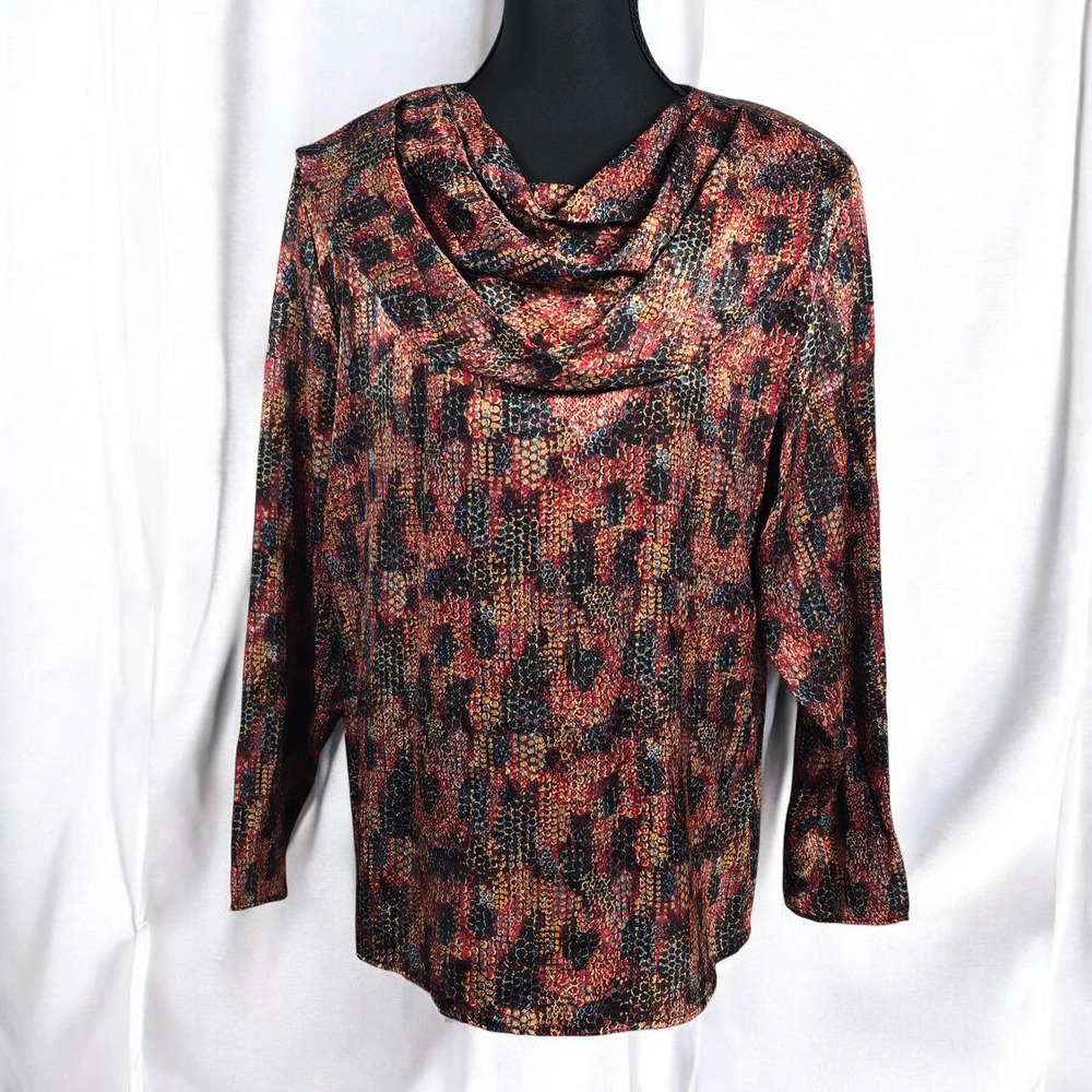 Maycene Vintage‎ Cowl Neck Blouse Large Red Gold Abstract Mosaic Print USA Made